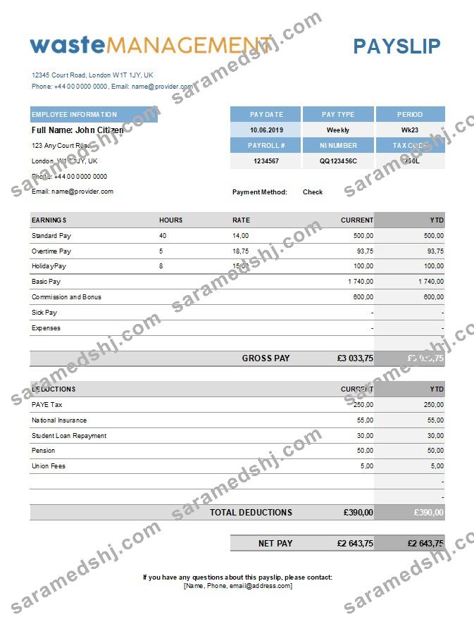 waste management company earning statement template in Excel and PDF formats